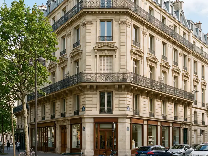 Immeuble haussmannien d'angle à Paris, commerces en rez-de-chaussée